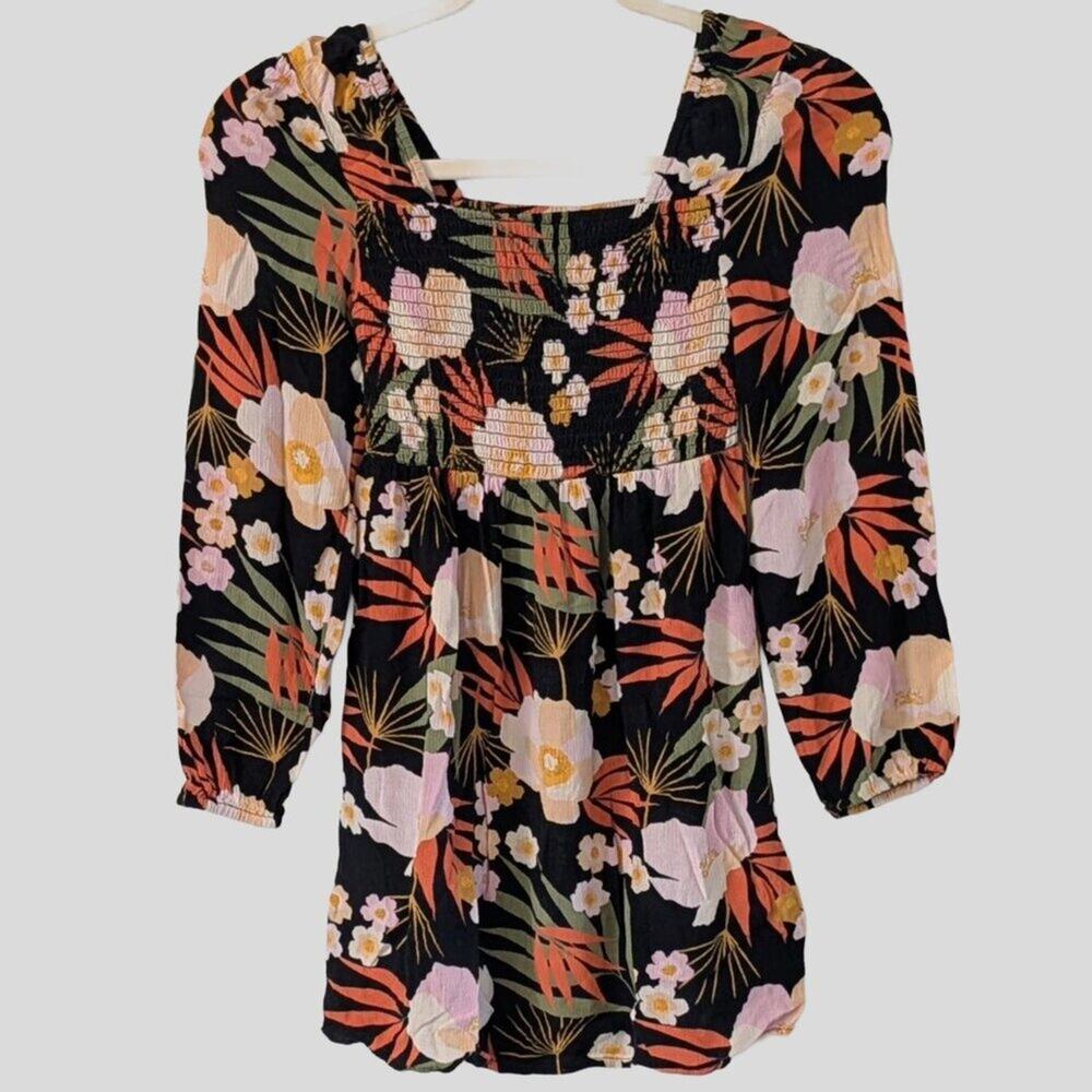 Billabong Girls M Floral Smocked Peasant Top Black Boho Fall Long Sleeve
